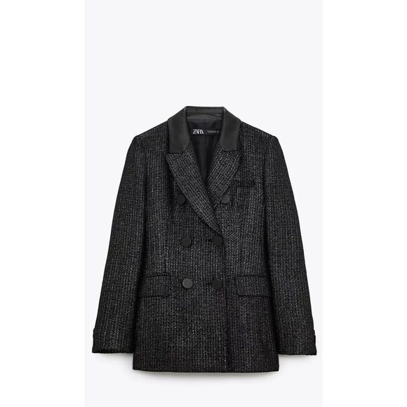 Zara Blogger's Favorite Faux Leather Contrast Black Shimmer Blazer size Small - Picture 1 of 8